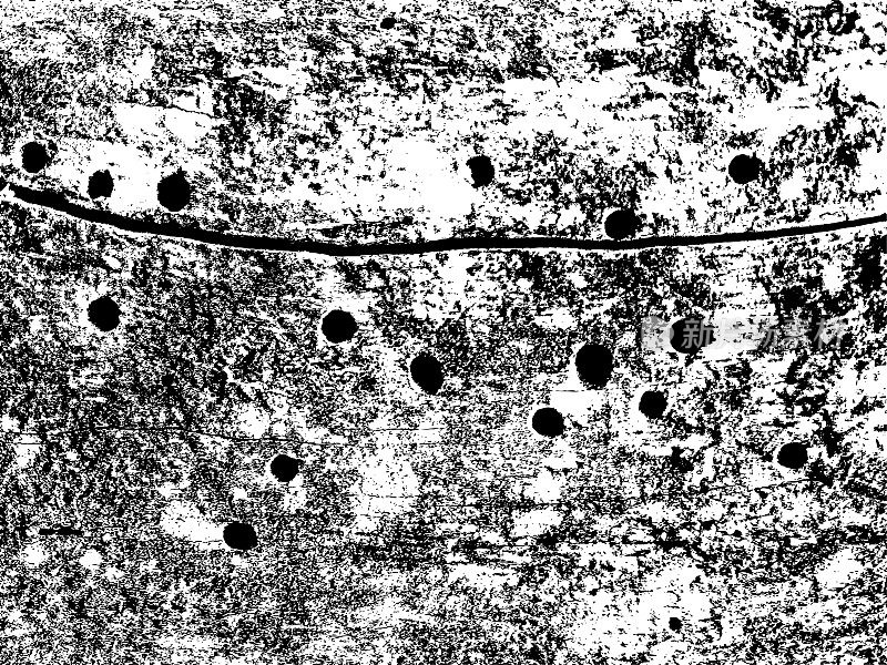 垃圾纹理-混凝土，水泥，洞。黑色灰尘Scratchy Pattern。抽象的背景。矢量设计作品。变形的效果。裂缝。